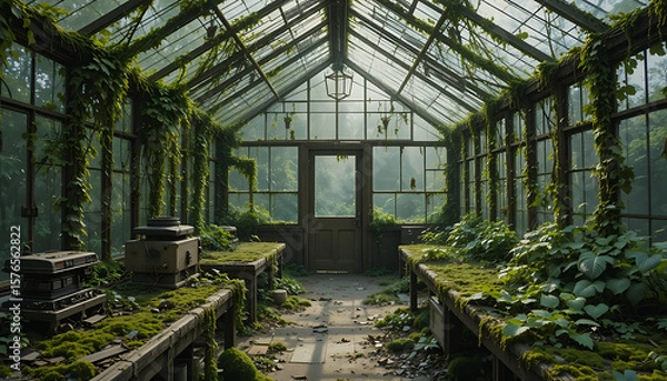 Fototapeta An abandoned greenhouse, overgrown with ivy and moss, stands as a testament to natures reclamation, its vintage glass structure filled with tranquil decay