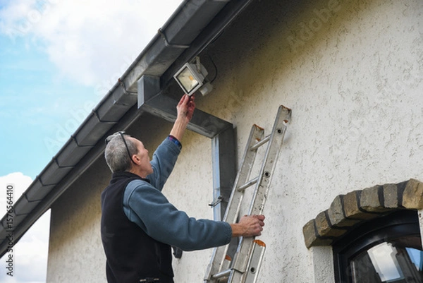 Fototapeta Electrician reaches for motion sensor LED floodlight while standing on ladder installing it on facade of house under gutter to improve outdoor lighting