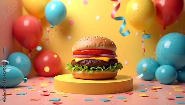 Obraz Vibrant, festive atmosphere showcasing a classic American cheeseburger on a raised pedestal