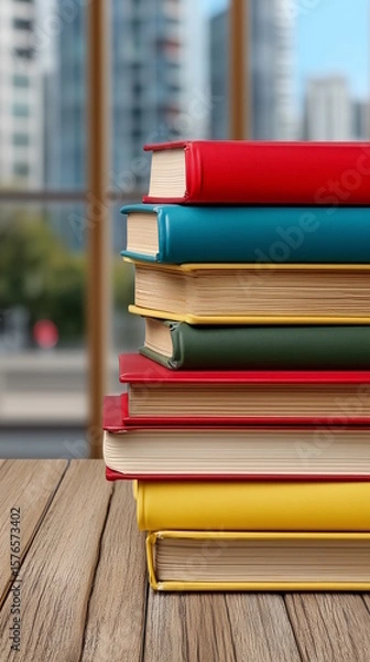 Fototapeta Stack of colorful books in various hues, arranged neatly on a wooden table, with a blurred urban background, inspiring concept of education or learning resources
