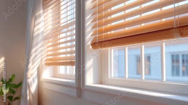 Fototapeta Bright wooden venetian blinds gently filtering sunlight inside a modern home, creating a serene atmosphere, cozy concept of interior design or home decor