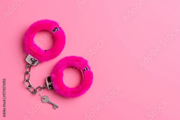 Obraz Fluffy handcuffs and key on pink background, top view. Space for text.
