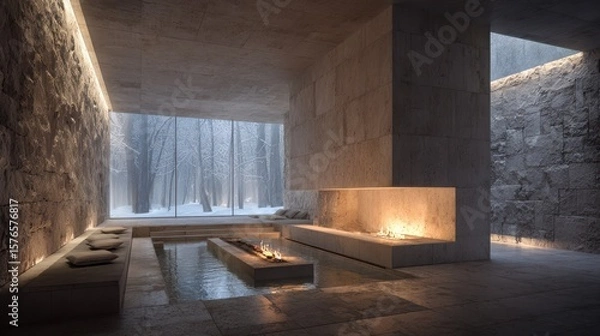 Fototapeta Modern stone spa with forest view