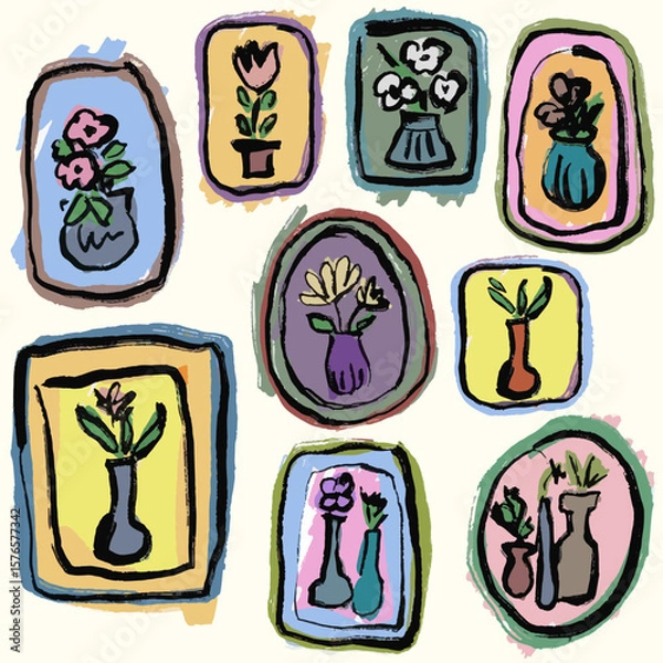 Obraz Funny abstract style frames set. Hand draw, markers with texture. Vector, isolated.