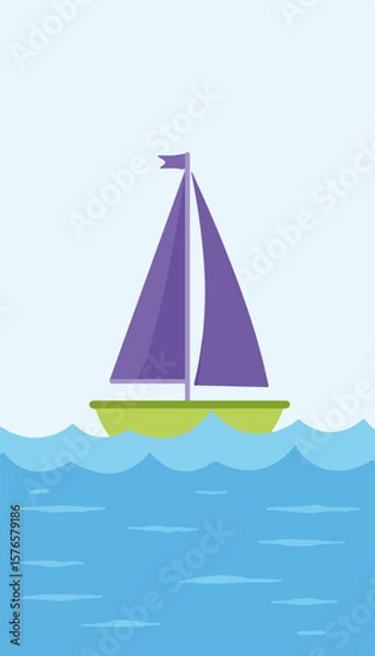 Fototapeta Flat vector sailboat sailing on gentle waves, minimalistic water background, vibrant colors, concept of marine design and travel, graphic design, tourism