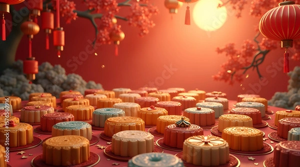 Fototapeta a vibrant and exaggerated a mid-autumn festival celebration, set against a lush background filled with an assortment of intricately designed moon cakes in various shapes and sizes. 
