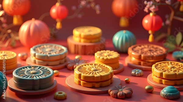 Fototapeta a vibrant and exaggerated a mid-autumn festival celebration, set against a lush background filled with an assortment of intricately designed moon cakes in various shapes and sizes. 