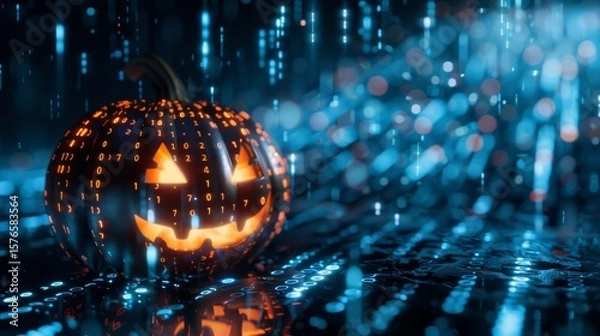 Fototapeta Futuristic Halloween pumpkin with glowing binary code on a digital surface. Blue and orange light effects create a cyberpunk ambiance