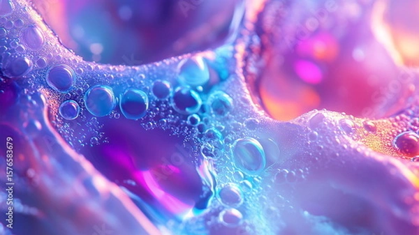 Fototapeta A highly detailed microscopic view of a gelatin dessert's surface structure in vivid blues and purples