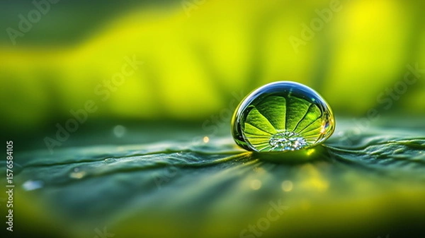 Fototapeta Water droplet on green leaf magnified in macro detail, capturing internal reflections