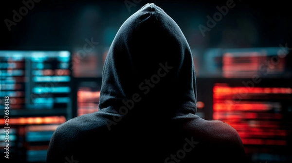 Fototapeta An anonymous hacker sits before multiple glowing screens, deeply immersed in the digital world.