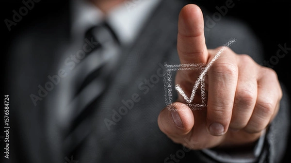 Fototapeta A businessman's finger touches a glowing digital checkmark, symbolizing a completed task or successful decision.