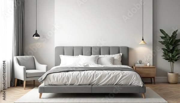 Fototapeta Minimalist bedroom features grey upholstered bed with crisp white bedding, plush pillows. Light grey accent wall complements white walls, creating serene atmosphere. Single armchair, nightstand with