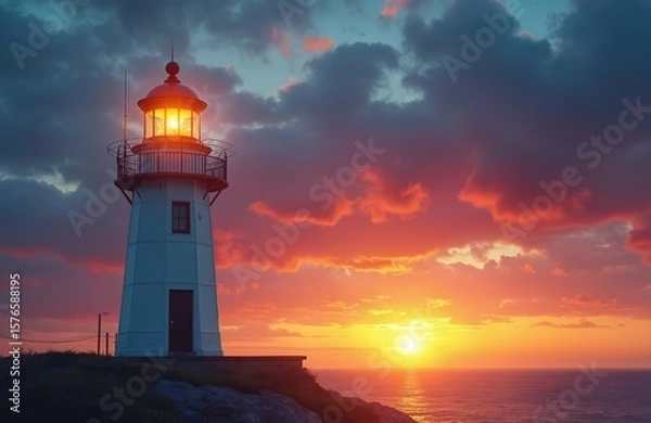 Obraz Coastal lighthouse beams light at vibrant sunrise over calm ocean. Dramatic sky with colorful clouds, warm illumination. Serene seascape, tranquil dawn atmosphere. Maritime navigation beacon stands