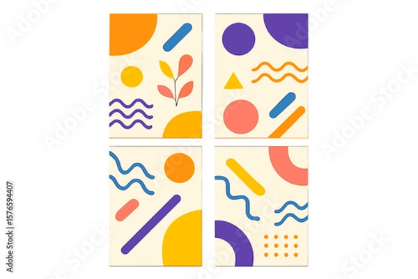 Fototapeta Set of abstract posters. Modern design background with geometric shapes, lines, waves. Collection of minimalist contemporary graphic templates for cover, banner or wallpaper.