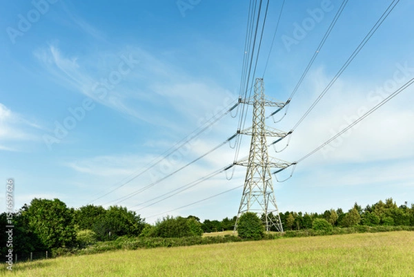 Obraz High Voltage Pylon and Power Lines in a Grassy Field Against a Blue Sky