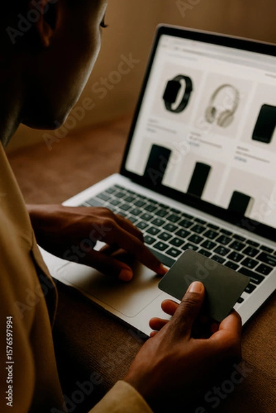 Fototapeta A person making an online purchase of electronic gadgets such as a smartwatch, headphones, and smartphones. The individual is using a laptop in a desk while holding a credit card