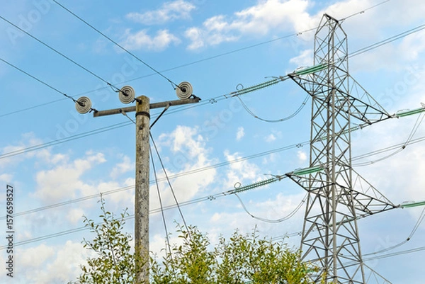 Obraz High Voltage Pylon and Power Lines in a Grassy Field Against a Blue Sky