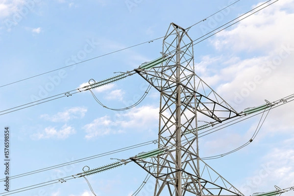 Obraz High Voltage Pylon and Power Lines in a Grassy Field Against a Blue Sky