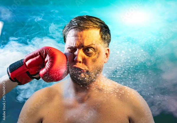 Fototapeta Shocked man getting punched by red boxing glove getting hit in face  with dramatic impact