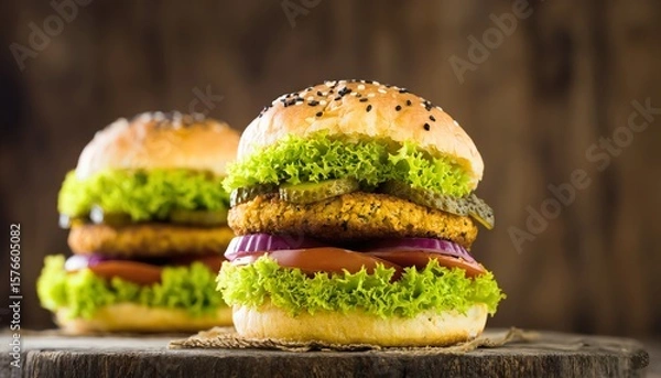 Obraz Healthy Vegetarian Burgers with Lettuce, Tomato & Onion Rings