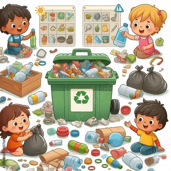 Obraz Children engaged in recycling activity at a community cleanup event in a bright classroom setting
