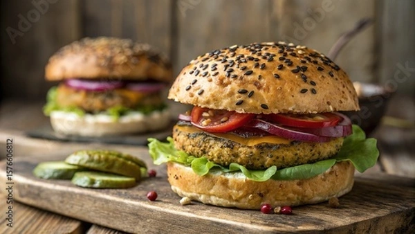 Obraz Homemade Veggie Burger with Fresh Vegetables on Wooden Board