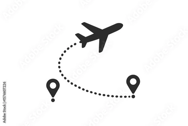 Fototapeta Airplane Flight Path Icon. Travel Route Concept. Plane Journey from Departure to Destination with Dotted Line. Trip Planning, Vacation, Tourism, Navigation, Location Pin Vector Illustration