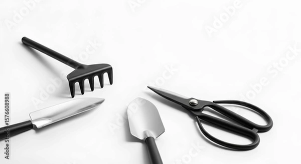 Obraz Various gardening tools including hand trowel, cultivator, and scissors are laid out on a clean white surface, planting in spring