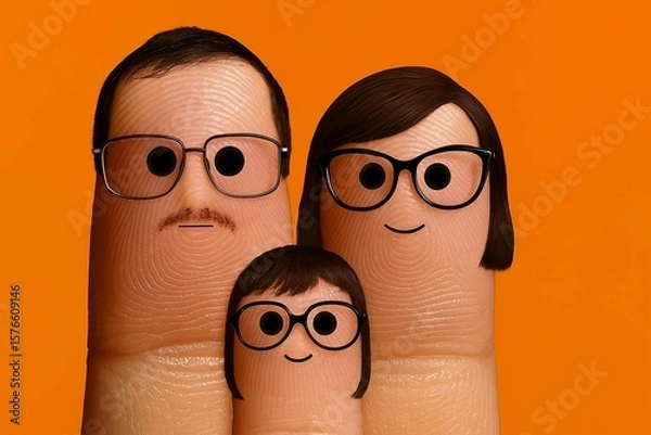 Obraz Family of finger characters with glasses on a bright orange background engaged playful portrait wear glasses while posing