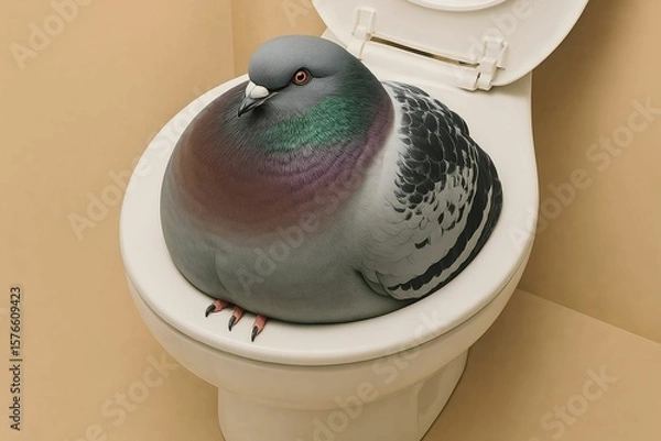 Obraz Pigeon sitting comfortably on toilet in a bathroom with simple decor