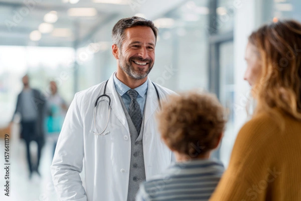 Fototapeta Compassionate Doctor Consulting with Patient and Child in Hospital