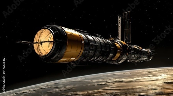 Fototapeta Stunning Futuristic Spacecraft Orbiting a Distant Planet in Space