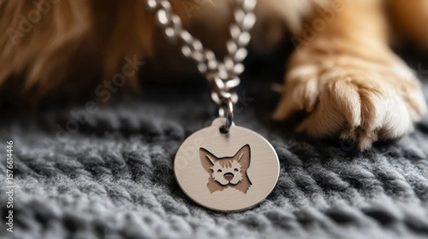 Fototapeta Charming Dog Tag with Corgi Design on Cozy Knit Background