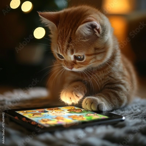 Fototapeta Curious Ginger Cat Interacting with Tablet Screen in Cozy Environment