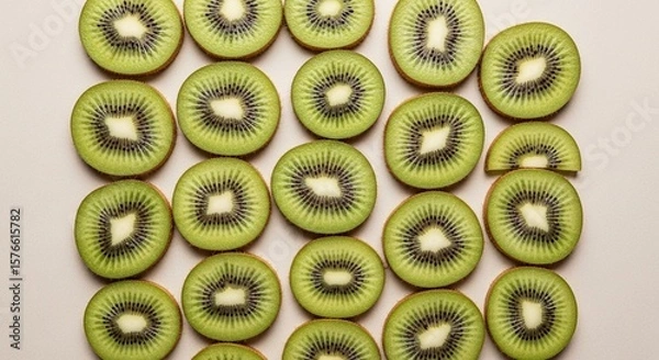 Fototapeta Sliced kiwi fruit arranged in a pattern on a beige surface, top view