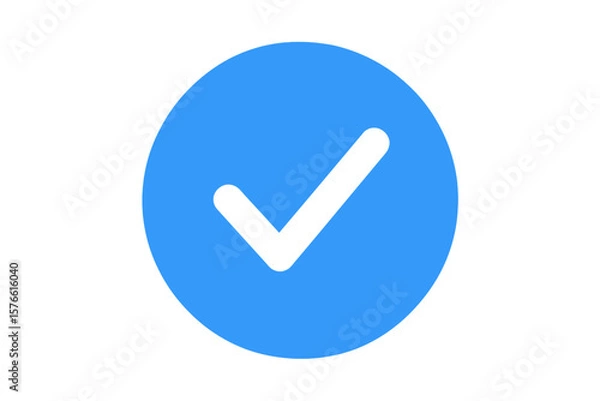 Fototapeta Blue tick verified social media account icon. Approved profile sign. White tick in blue circle. Verification badge for official page. Check mark symbol. Vector illustration.