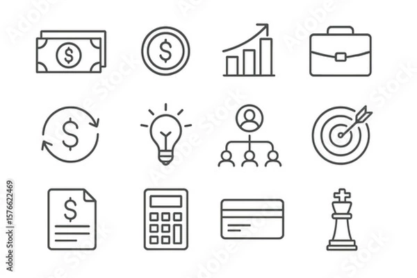 Obraz Business and finance thin line icon set with editable stroke. Vector icons of investment, banking, credit, strategy, growth, payment, and goal. Money management symbols.