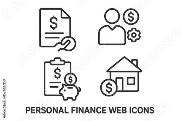 Obraz Personal finance icons. Thin line vector symbols for budget planning, savings, mortgage loan, and wealth management. Financial analysis, real estate investment, and money concepts.