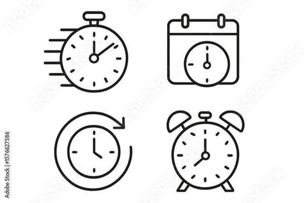 Fototapeta Minimalist Time and Clock Icon Set – Stopwatch, Calendar, Countdown, Alarm, Timer, Speed, Recovery, Line Style Web Symbols for Time Management and Scheduling Concepts