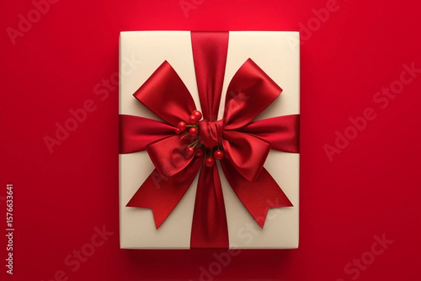 Fototapeta Professional advertising photography Top view elegant gift box with red ribbon on solid background, expert color grading for luxury promotions, e-commerce visuals, and brand identity enhancement