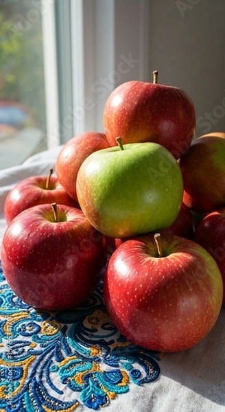 Fototapeta Red and green apples stacked on a colorful embroidered tablecloth  