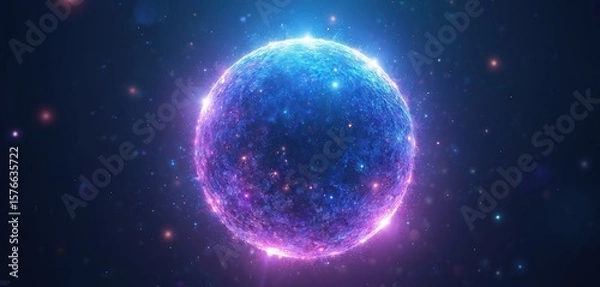 Obraz Abstract glowing sphere transitions from blue to purple, emitting bright light. Swirling particles, energy waves create dynamic, three-dimensional effect against dark, star-filled background. Evokes