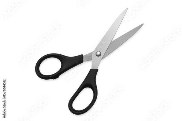 Fototapeta Metal scissors with black handles resting open, professional cutting tool against clean background