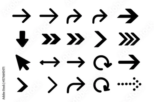 Fototapeta Black vector arrows collection. Arrow icon set for web design, app and UI UX interface. Modern simple flat design. Next, back, down, refresh and cursor pointer symbols.