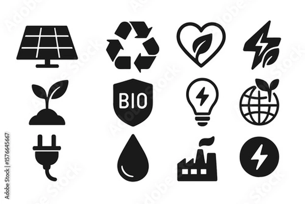 Fototapeta Ecology icon set. Green energy, environment symbols. Solar panel, recycle, bio, nature, electricity, power, water, plant, globe pictogram for web, app. Vector glyph.