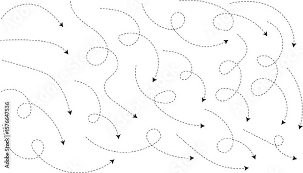Obraz Curve lines arrows. Hand drawn line doodle. curved pointers sign. Sketch curved dashed signpost showing confusing complex path
