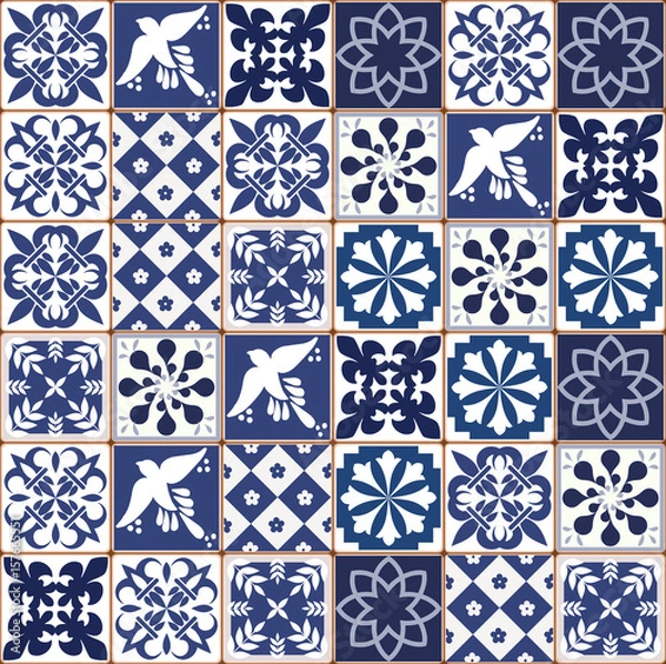 Obraz Blue Portuguese tiles pattern - Azulejos vector, fashion interior design tiles 
