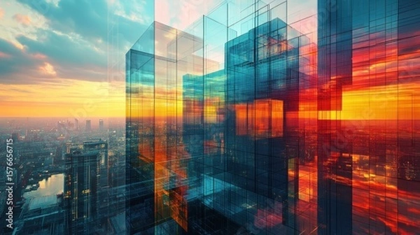 Fototapeta abstract cityscape at dusk showcasing modern architecture with glass facades reflecting a vibrant sunset and surrounding urban landscape creating a unique visual