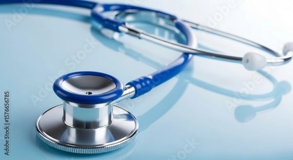 Fototapeta A blue stethoscope is on a blue surface ready for examination